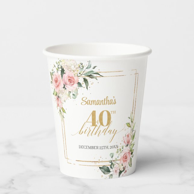 Boho blush floral eucalyptus gold 40th birthday  paper cups (Back)