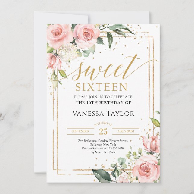 Boho blush floral eucalyptus gold glitter 16th invitation (Front)