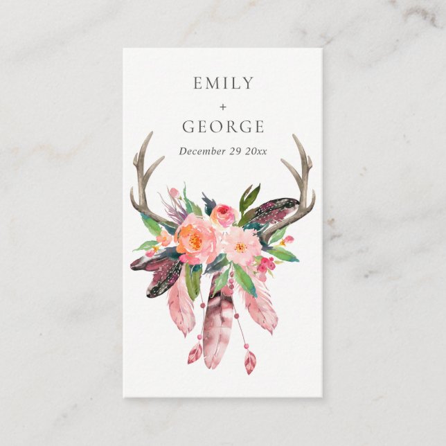 BOHO BLUSH FLORAL FEATHER ANTLER WEDDING THANK YOU BUSINESS CARD (Front)