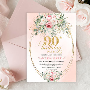 Boho Blush Floral Gold Frame Minimal 90th Birthday Invitation