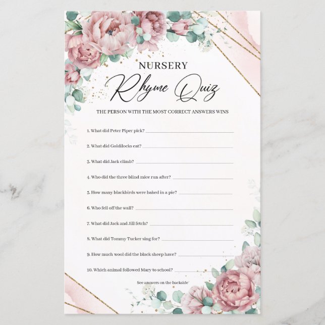Boho blush floral gold greenery Nursery Rhyme Quiz (Front)