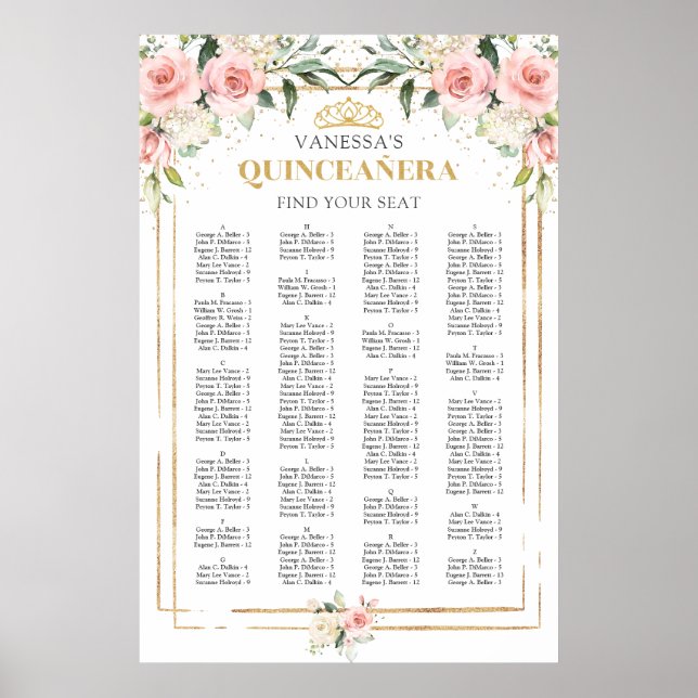 Boho blush floral gold quinceanera alphabetical poster (Front)