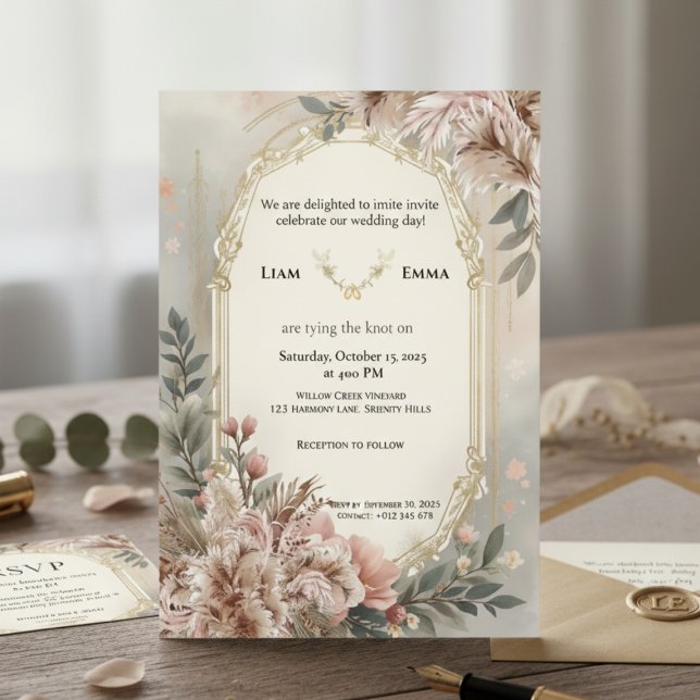 Boho Blush Floral Gold Wedding Invitation (Créateur téléchargé)