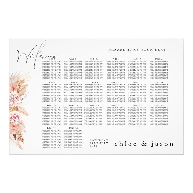 Boho Blush Floral Seating Chart Poster (Front)