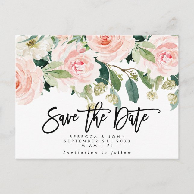 boho blush floral wedding save the date card (Front)