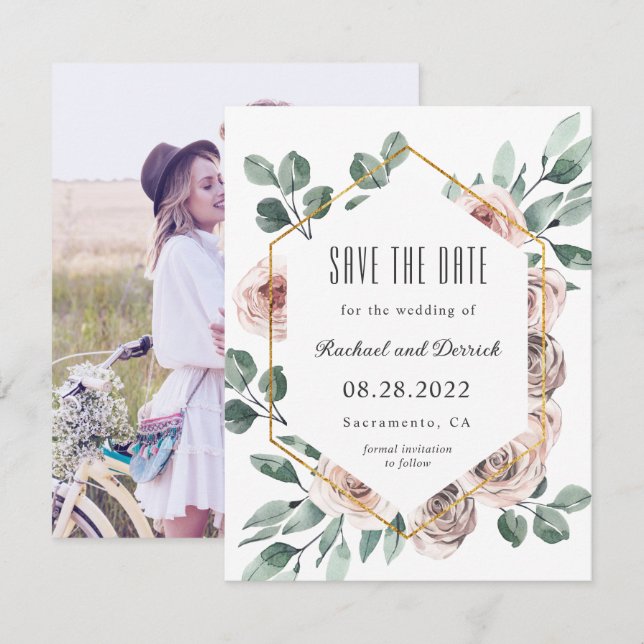 Boho Blush Floral with Photo Save the Date (Front/Back)