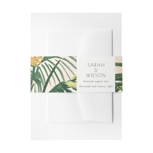 Boho Blush Green Tropical Palm Beach Wedding Invitation Belly Band (Front Example)
