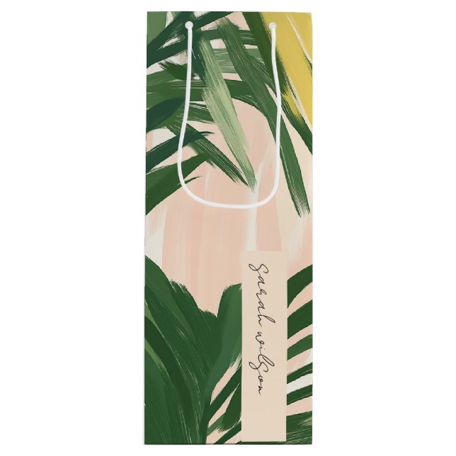 Boho Blush Green Tropical Palm Beach Wedding Wine Gift Bag (Front)