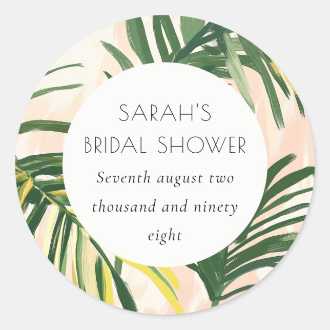 Boho Blush Green Tropical Palm Bridal Shower Classic Round Sticker (Front)