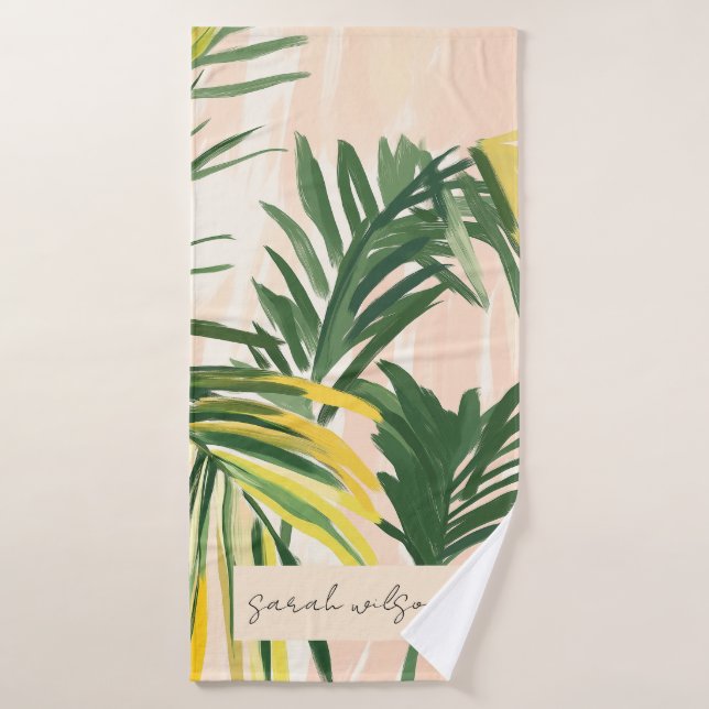 Boho Blush Green Tropical Palm Leaves Beach Bath Towel (Bath Towel)