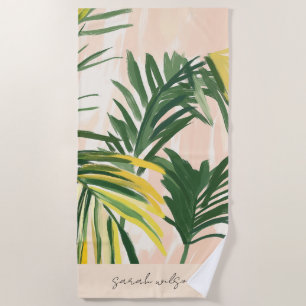 Boho Blush Green Tropical Palm Leaves Beach Beach Towel