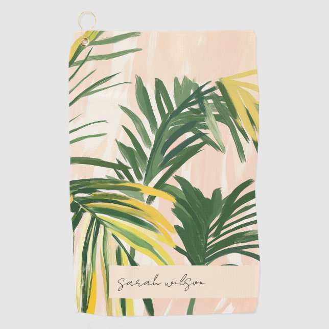 Boho Blush Green Tropical Palm Leaves Beach Golf Towel (Front)