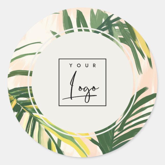 Boho Blush Green Tropical Palm Leaves Beach Logo Classic Round Sticker (Front)