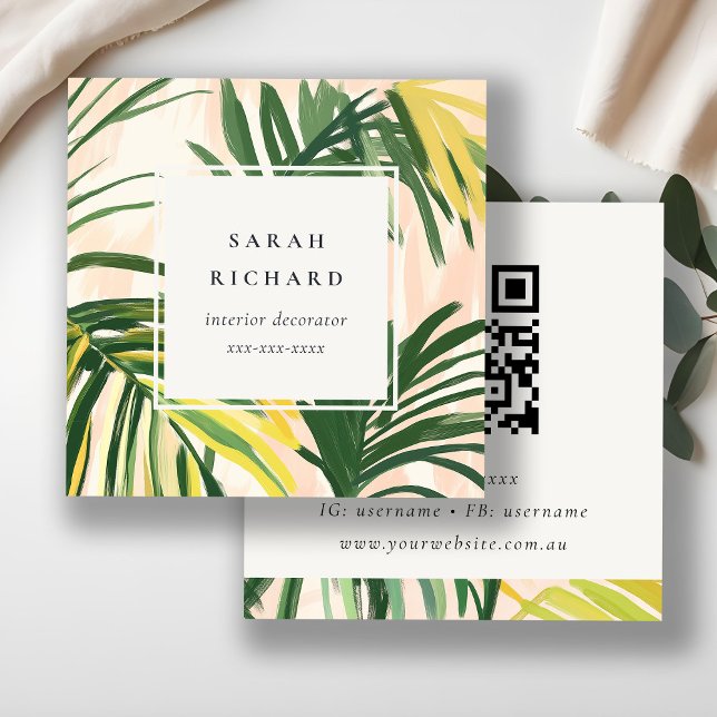  Boho Blush Green Tropical Palm Leaves QR Code Square Business Card (Creator Uploaded)