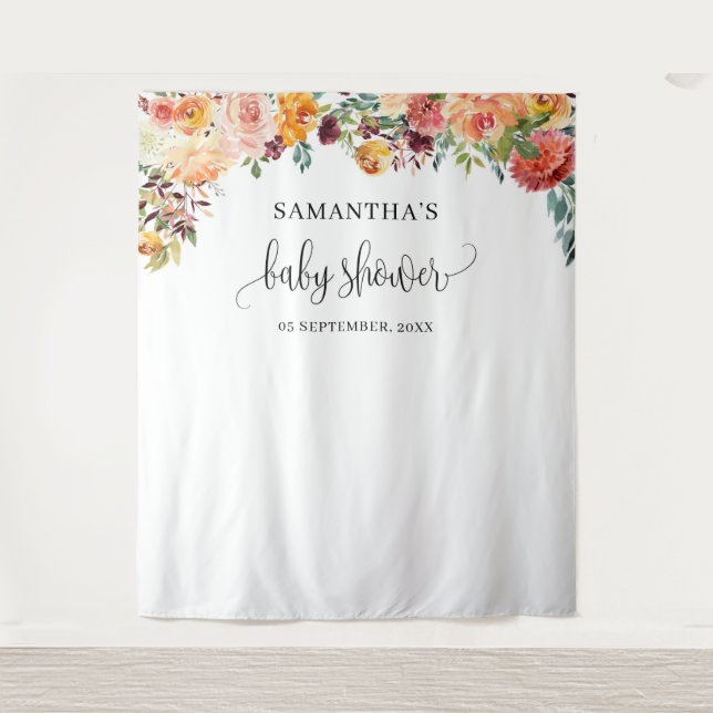 Boho blush orange burgundy fall floral backdrop tapestry (Front)