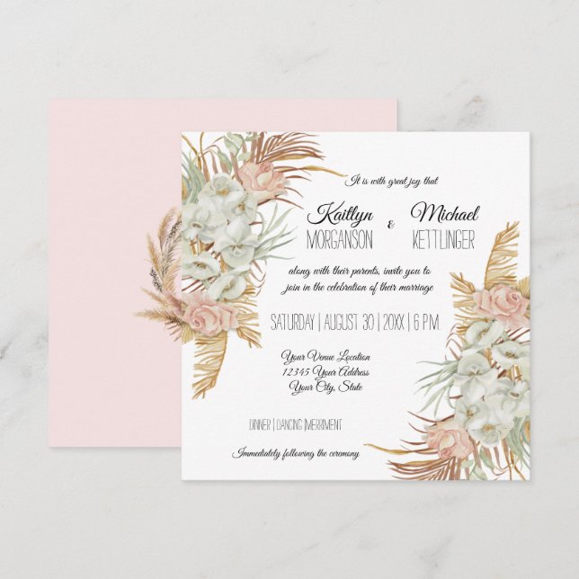 BOHO Blush Orchid Floral Pampas Grass Palm Foliage Invitation (Front/Back)