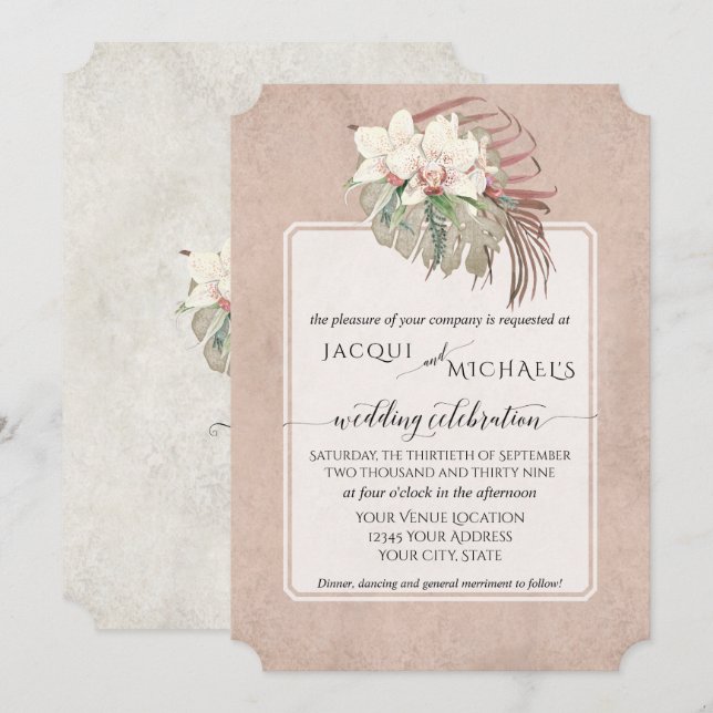 BOHO Blush Orchid Floral Tropical Jungle Foliage Invitation (Front/Back)