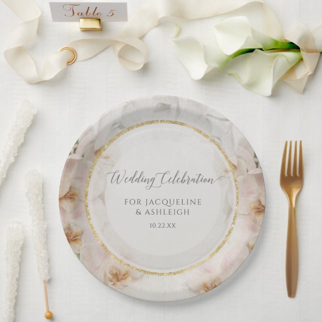 BOHO Blush Orchid Flowers Floral Gold Wedding Paper Plate (Wedding)