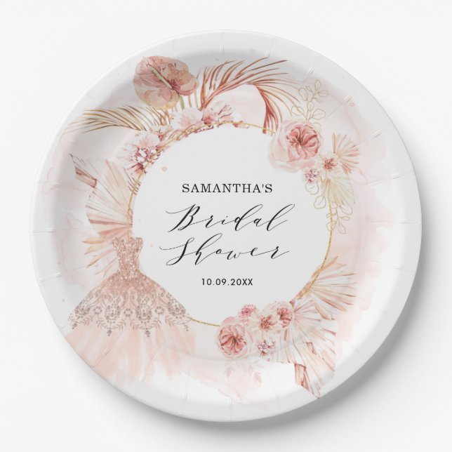 Boho Blush Pampas Glitter Dress Bridal Shower Paper Plate (Front)