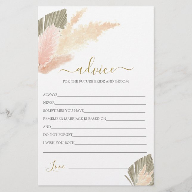 Boho Blush Pampas Grass Advice for the Bride card (Front)