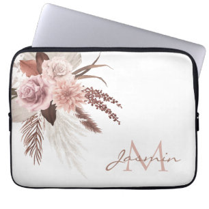 Boho Blush Pampas Grass Floral Monogram Laptop Sleeve