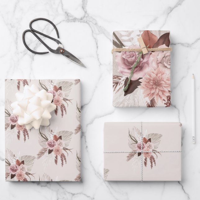 Boho Blush Pampas Grass Floral Wrapping Paper Sheet (Front)