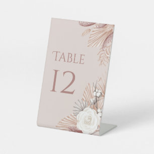 Boho Blush Pampas Grass Wedding Table Number Pedestal Sign
