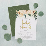 Boho Blush Pink & Brushed Gold Script Baby Shower Invitation<br><div class="desc">This bohemian invitation features "baby shower" in a brushed faux gold script, framed by confetti, three blush pink flowers and watercolor foliage. Your details appear underneath in an elegant typography. The cards reverse to a beautiful shade of green with a simple white pattern. This design is great for outdoor events...</div>