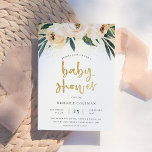 Boho Blush Pink & Brushed Gold Script Baby Shower Invitation<br><div class="desc">This bohemian invitation features "baby shower" in a brushed faux gold script, framed by confetti, three blush pink flowers and watercolor foliage. Your details appear underneath in an elegant typography. The cards reverse to a beautiful shade of green with a simple white pattern. This design is great for outdoor events...</div>