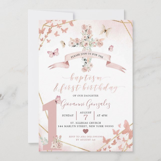 Boho Blush Pink Butterfly Baptism & 1st Birthday Invitation (Front)