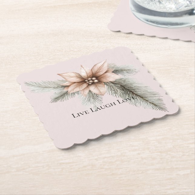Boho Blush Pink Christmas Floral  Paper Coaster (Angled)