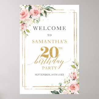 Boho blush pink floral 20th birthday welcome poster