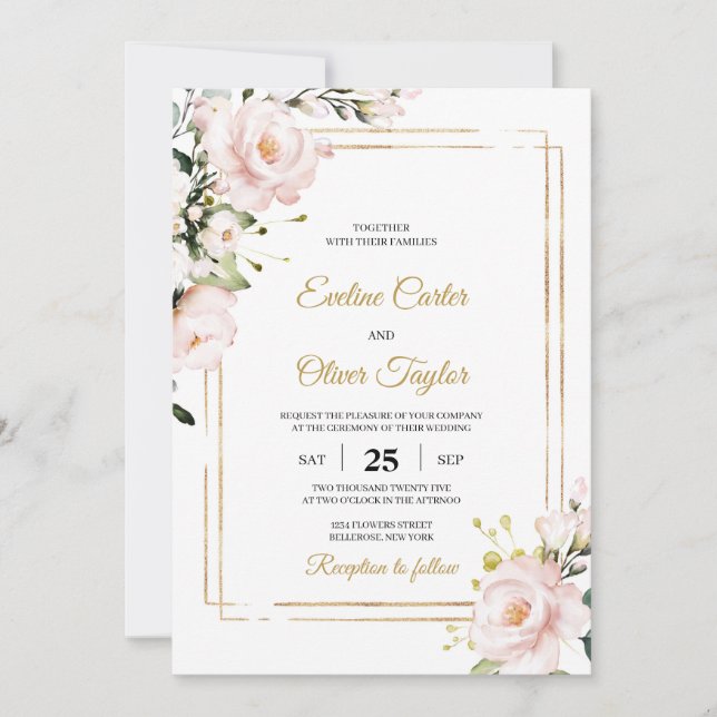 Boho Blush pink floral and gold glitter elegant Invitation (Front)