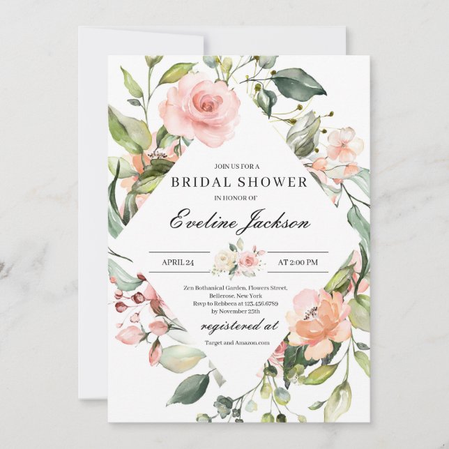 Boho Blush Pink Floral Bridal Shower Invitation (Front)