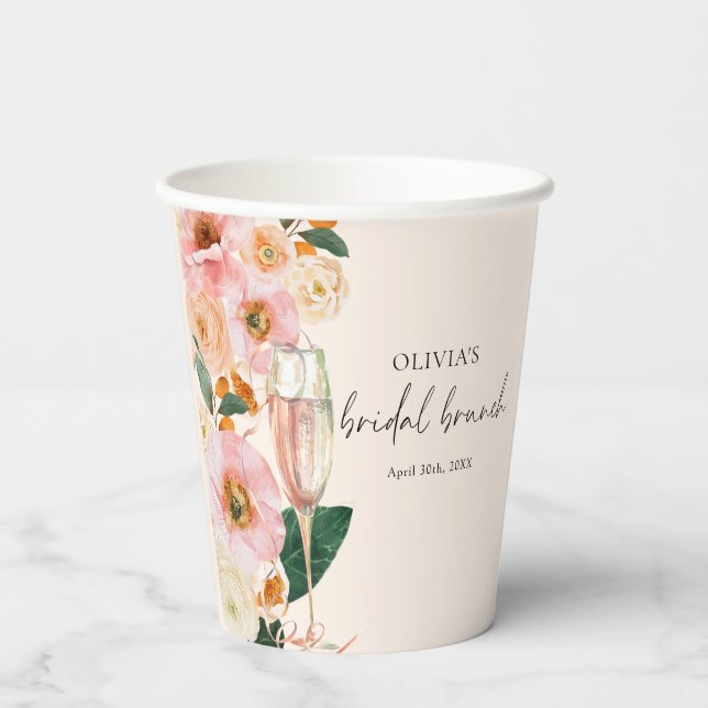 Boho Blush Pink Floral Champagne Bridal Brunch Paper Cups (Back)