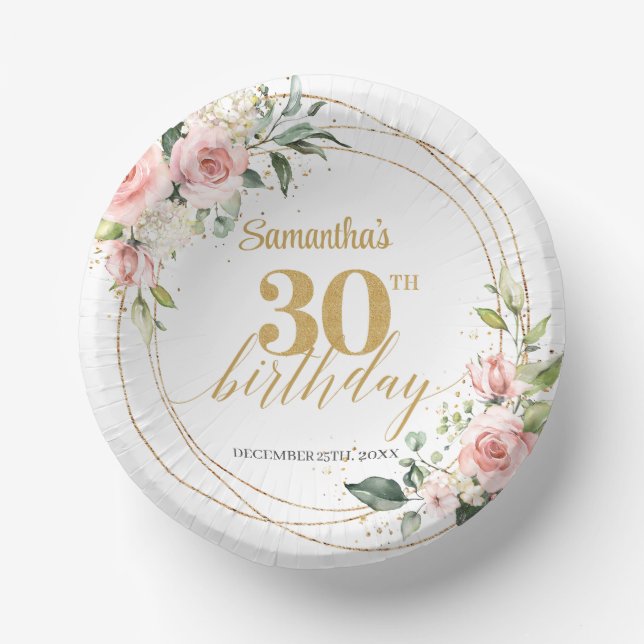 Boho Blush pink floral eucalyptus gold 30 birthday Paper Plate (Front)
