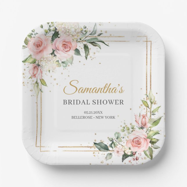 Boho Blush pink floral eucalyptus gold Bridal Paper Plate (Front)