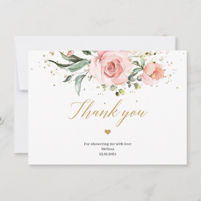 Boho Blush pink floral eucalyptus gold Bridal  Thank You Card (Front)