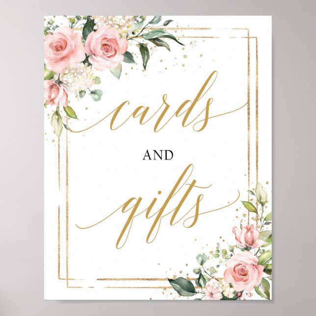 Boho blush pink floral gold cards and gifts sign (Front)