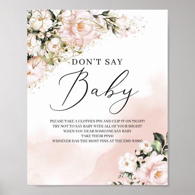 Boho blush pink floral gold don't say baby sign (Front)