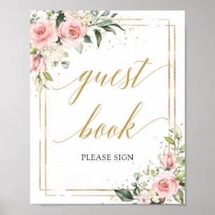 Boho blush pink floral gold frame guest book sign
