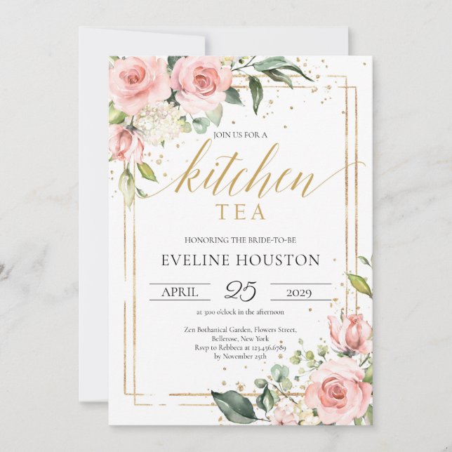 Boho Blush pink floral gold frame kitchen tea   Invitation (Front)