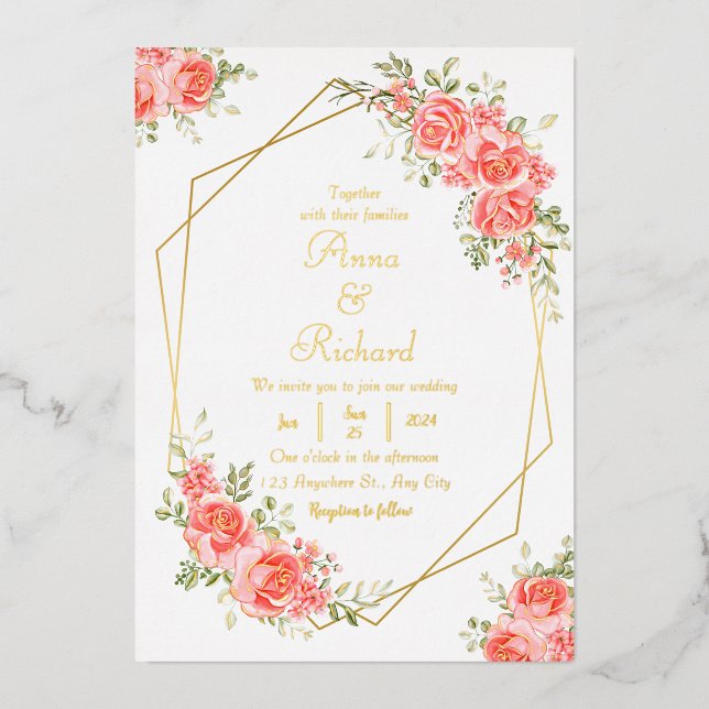 Boho blush pink floral gold geometric chic wedding (Front)