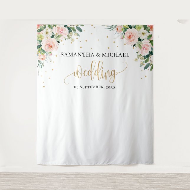 Boho blush pink floral gold green wedding backdrop tapestry (Front)
