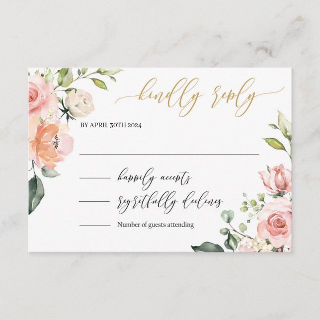 Boho blush pink floral gold letters wedding rsvp enclosure card (Front)