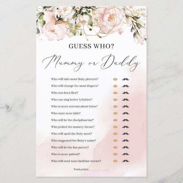 Boho blush pink floral gold mummy or daddy game (Front)