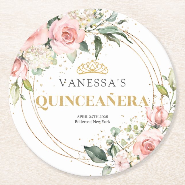 Boho Blush pink floral gold tiara sage Quinceanera Round Paper Coaster (Front)