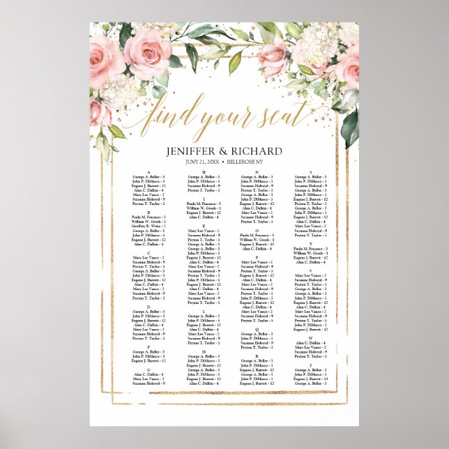 Boho blush pink floral gold wedding seating chart (Front)