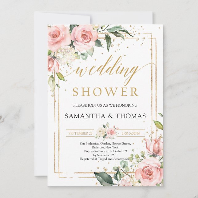 Boho blush pink floral gold wedding shower invitation (Front)
