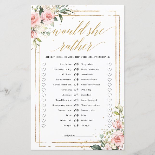 Boho blush pink floral gold Would she Rather game (Front)